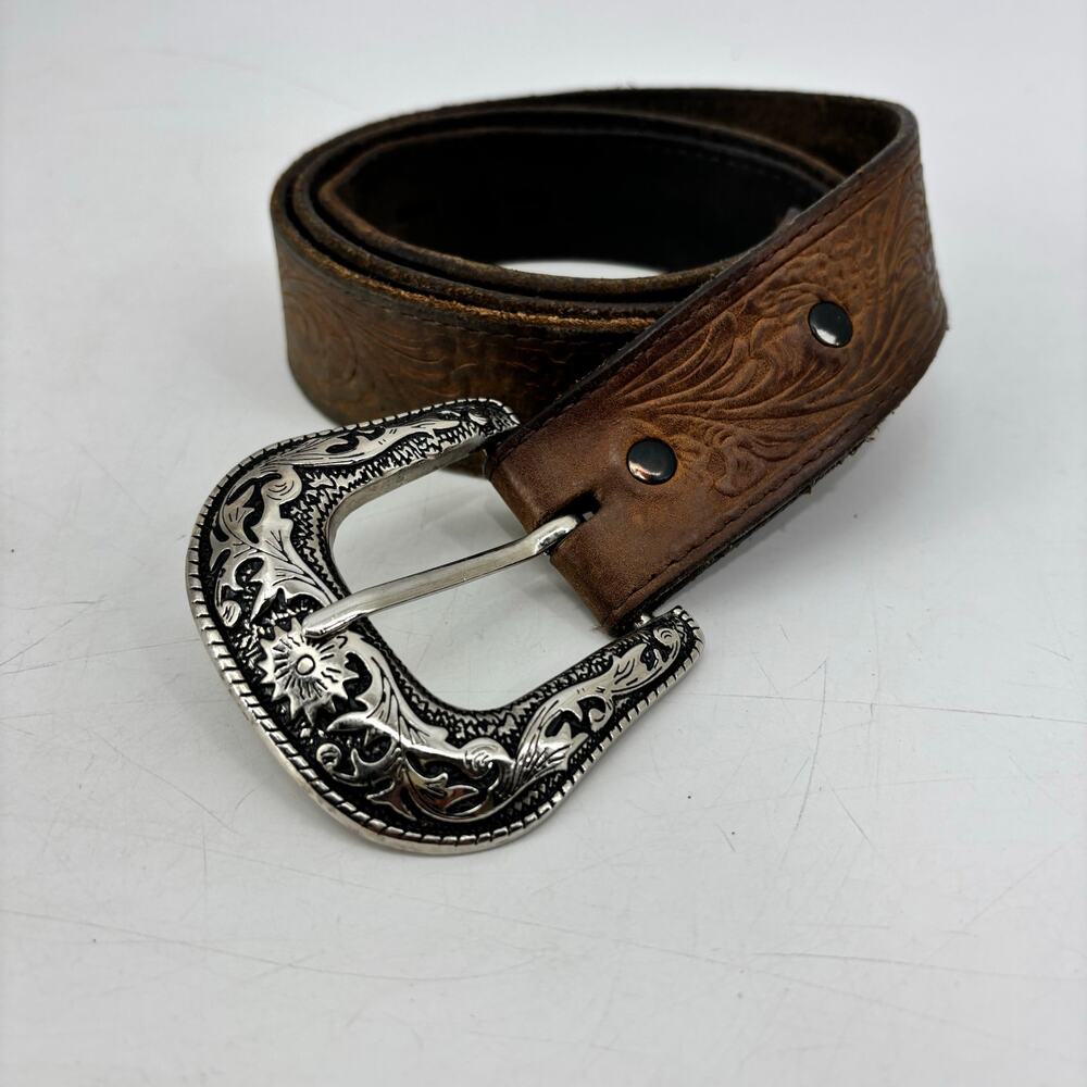 Western Mens Belt Size 34 Distressed Cowboy Brown Leather Silver Buckle